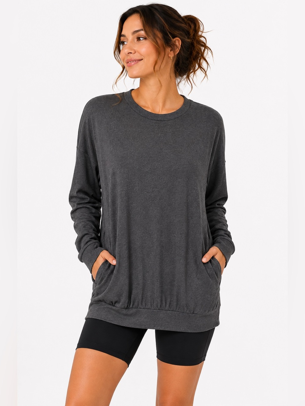 Cherish Women’s Charcoal Oversized Long Sleeve Pocket Tunic Top Small
